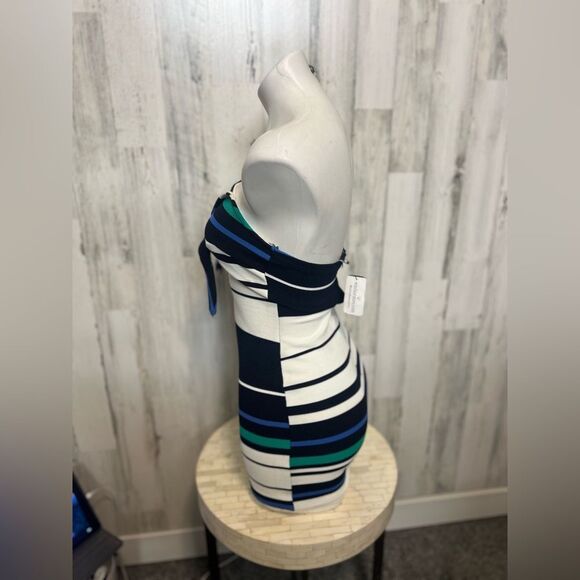 Striped Halter Bodycon Mini Dress Size Small Navy Blue White Teal Open Back - Picture 6 of 7